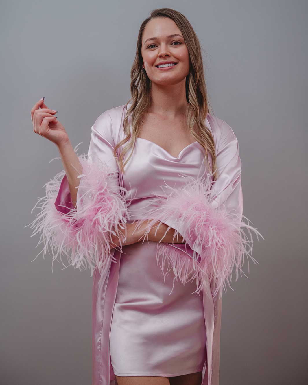 Women's Pink Slip Dress And Long Robe Pajama Set